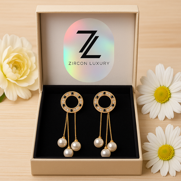 Luxury Gold Stud Earrings with Chain Pearl Detail