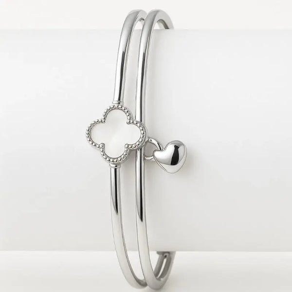 Silver Four Leaf Clover Lucky Bracelet Pair - Zircon Luxury