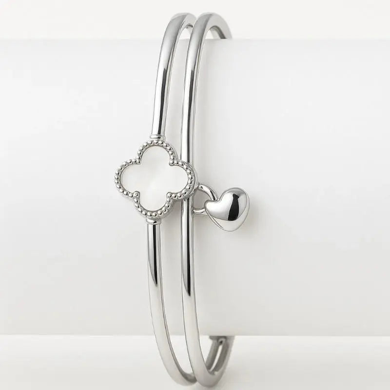 Silver Four Leaf Clover Lucky Bracelet Pair - Zircon Luxury