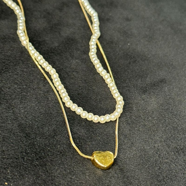 Elegant Dual-Layer Pearl & Gold Heart Necklace – Zircon Luxury